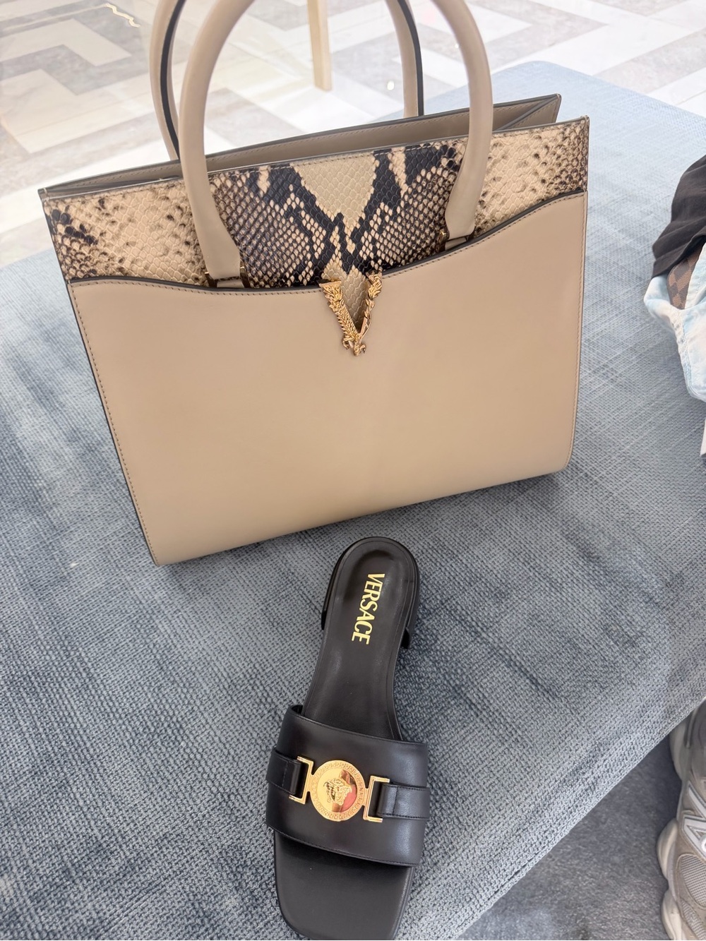 Versace Beige Tote with Python-Print Accent and Gold Medusa V